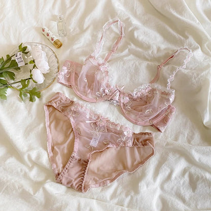 Elegant Non-Padded Floral Embroidered Mesh Bra & Panty Set -9980