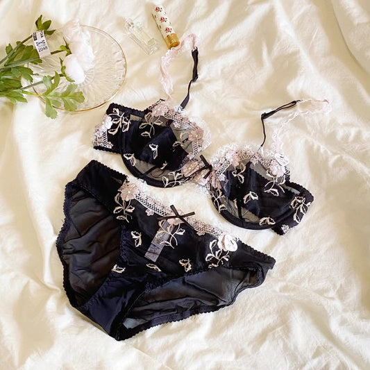 Elegant Non-Padded Floral Embroidered Mesh Bra & Panty Set -9980
