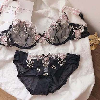Elegant Non-Padded Floral Embroidered Mesh Bra & Panty Set -9980