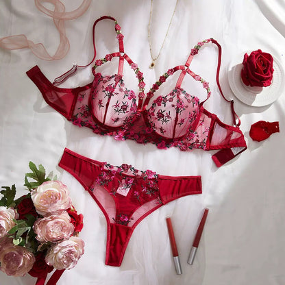 Floral Embroidered Sheer Lingerie Set -118