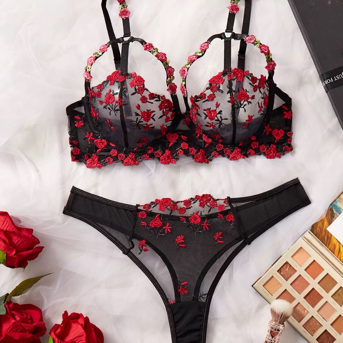 Floral Embroidered Sheer Lingerie Set -118