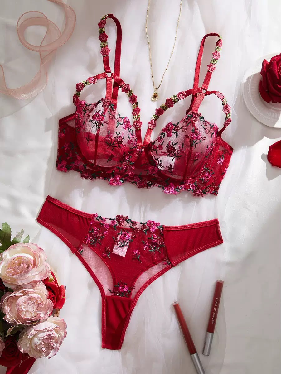 Floral Embroidered Sheer Lingerie Set -118