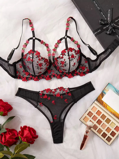 Floral Embroidered Sheer Lingerie Set -118
