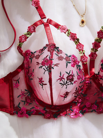 Floral Embroidered Sheer Lingerie Set -118