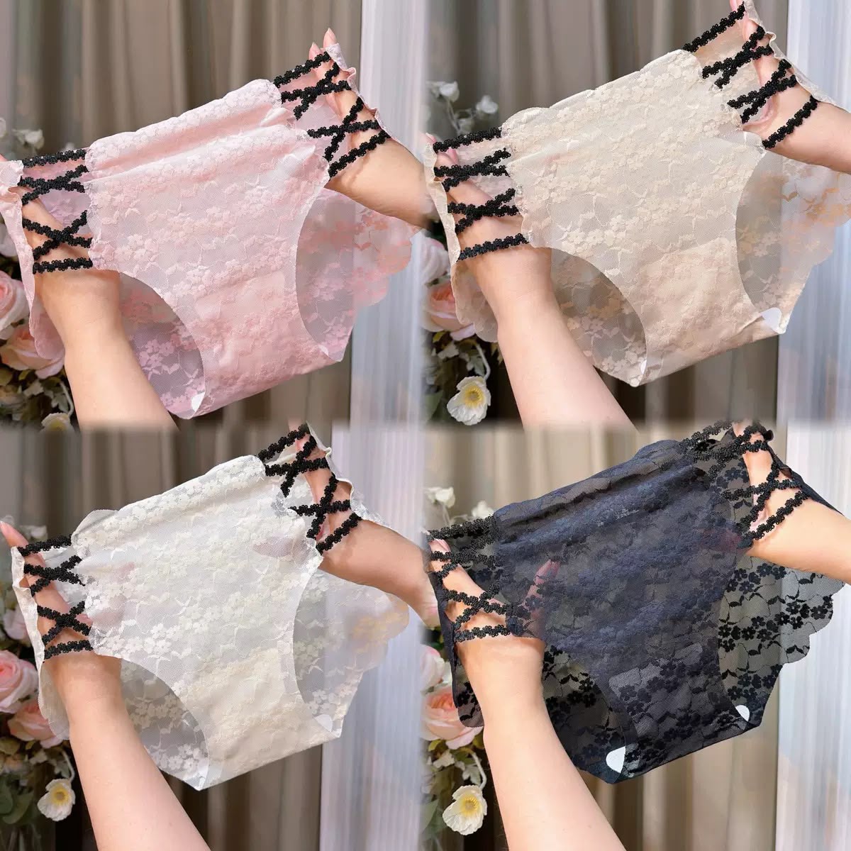 Pack of 3 Lace Low-Waist Panties – Cross-Strap Side Details & Breathable Comfort-17781