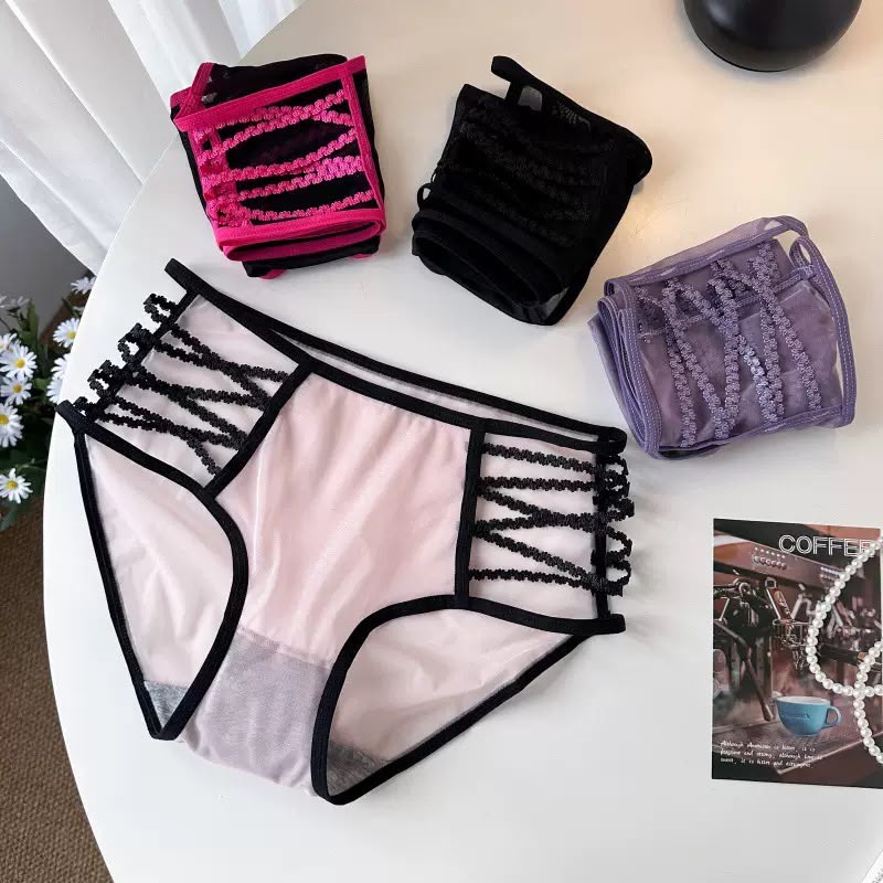Pack of 3 trappy Mesh Mid-Rise Panty Set – Sheer Lace-Up Accent Briefs -7818