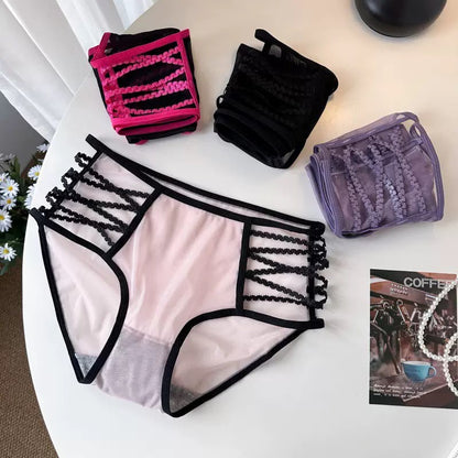 Pack of 3 trappy Mesh Mid-Rise Panty Set – Sheer Lace-Up Accent Briefs -7818