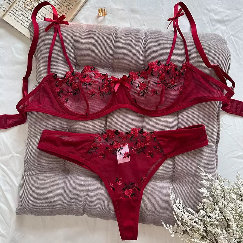Floral Embroidered Mesh Lingerie Set – Romantic Red or Pretty Pink-20387