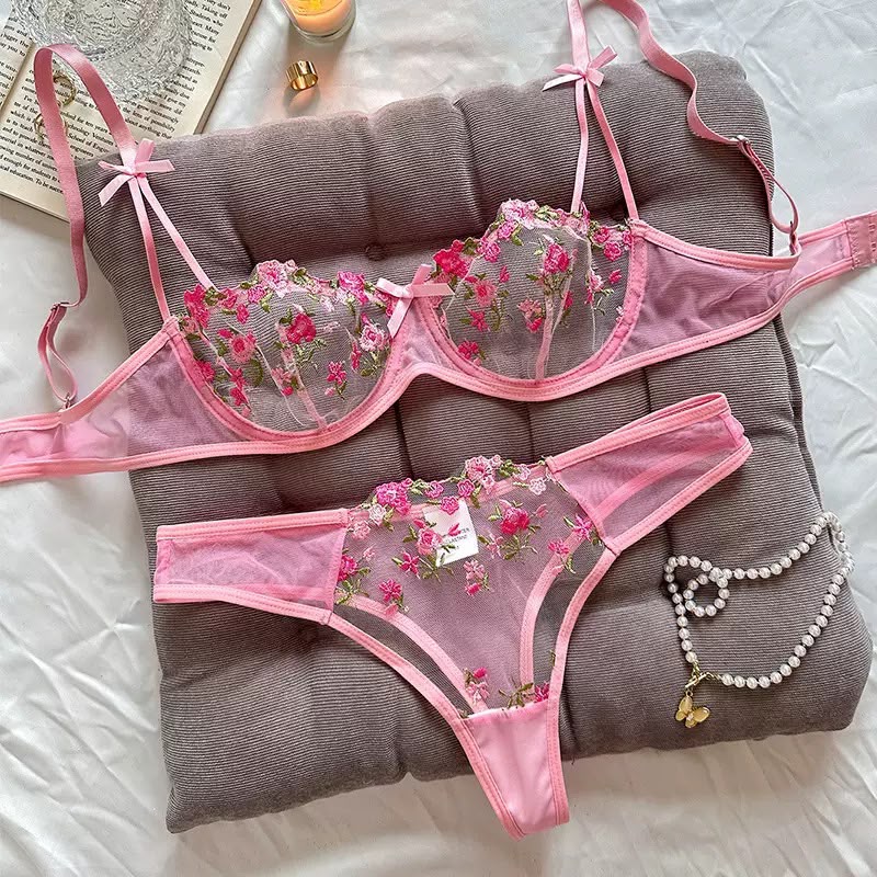 Floral Embroidered Mesh Lingerie Set – Romantic Red or Pretty Pink-20387
