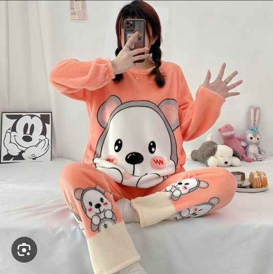 Cute Peach Coral Bear Plush Velvet Pajama Set – Warm & Soft Winter Sleepwear