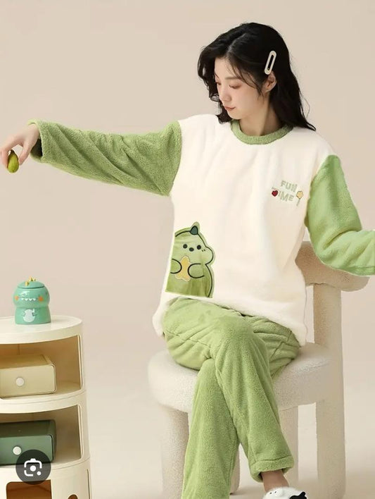 Cute "FUN TIME" Sage Green Plush Velvet Pajama Set – Warm & Cozy Winter Sleepwear
