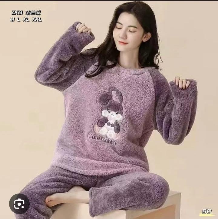 Cute Purple "Care Rabbit" Embroidered Plush Fleece Pajama Set – Soft Winter Sleepwear