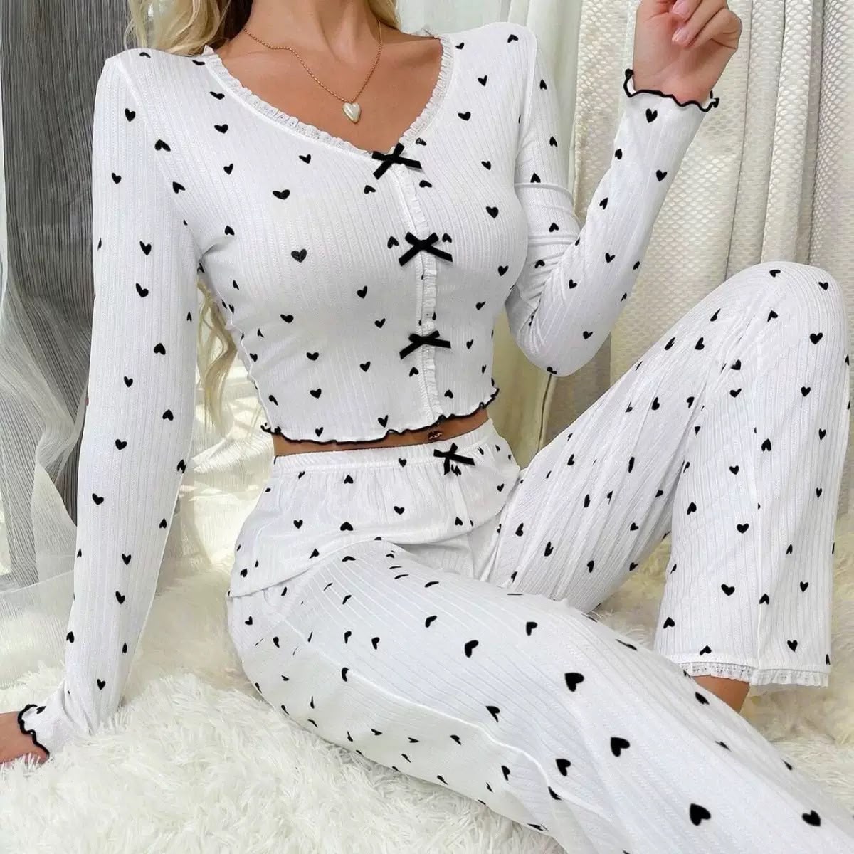 Women’s Heart Print Long Sleeve Pajama Set – Ribbed Knit Crop Top & Pants Nightwear