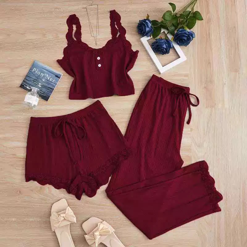 Women's 3-Piece Ribbed Knit Pajama Set – Lace Trim Cami Top, Shorts & Long Pants Loungewear -A06001-1