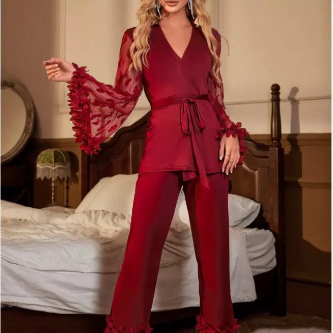 Luxury Milky-Silk  Lounge Set – V-Neck Wrap Top with Heart Mesh Sleeves & Ruffle Cuffs -912