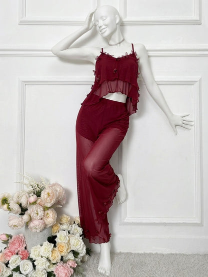 Women’s Sheer Mesh Butterfly Nightwear Set – Tiered Spaghetti Strap Cami Top & Pants -1574