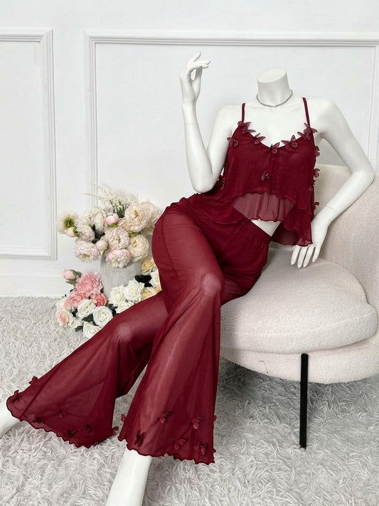 Women’s Sheer Mesh Butterfly Nightwear Set – Tiered Spaghetti Strap Cami Top & Pants -1574