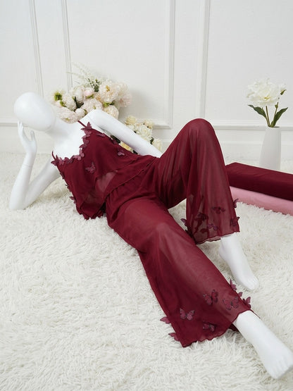 Women’s Sheer Mesh Butterfly Nightwear Set – Tiered Spaghetti Strap Cami Top & Pants -1574