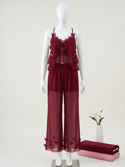 Women’s Sheer Mesh Butterfly Nightwear Set – Tiered Spaghetti Strap Cami Top & Pants -1574