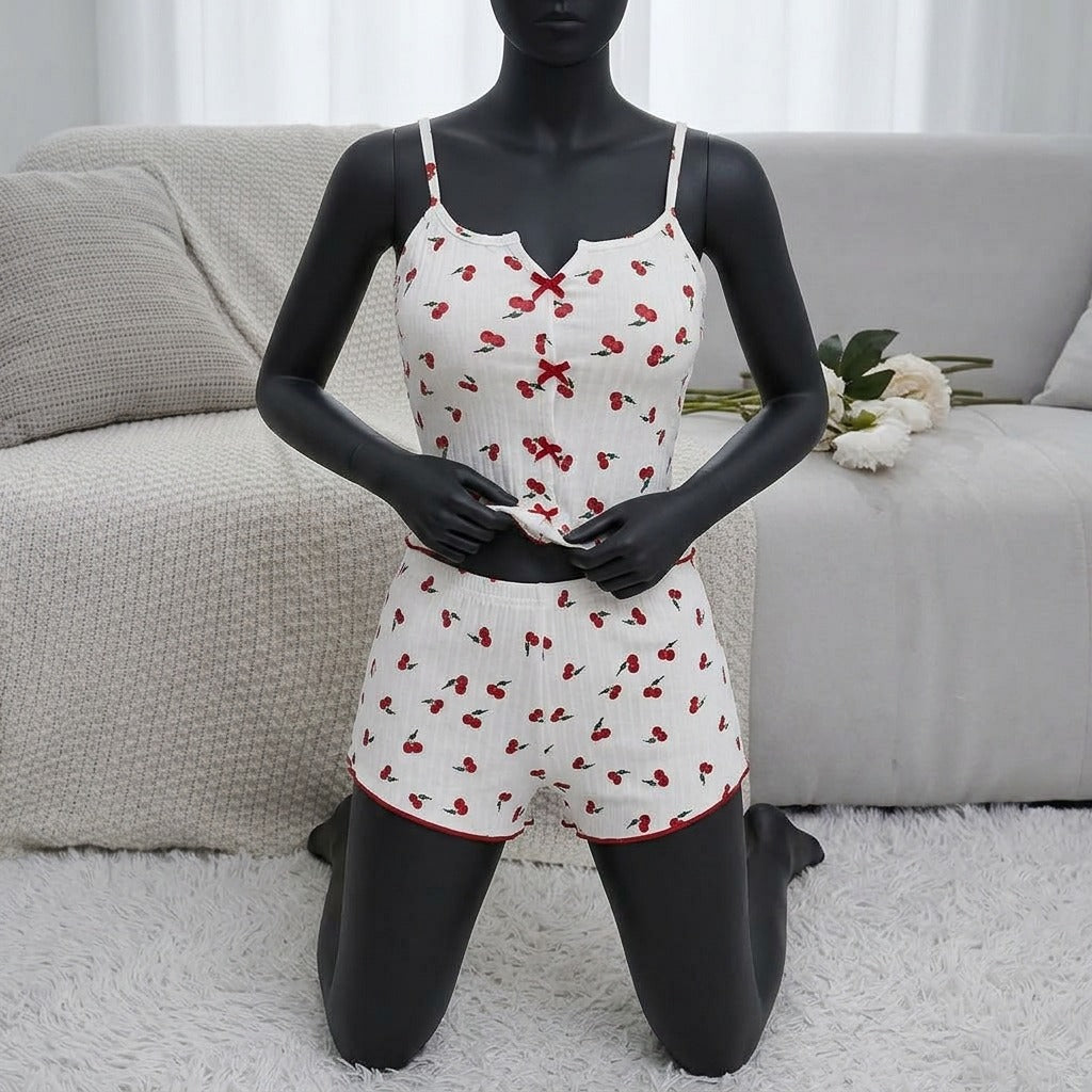 Women’s 2-Piece Ribbed Cami & Shorts Sleepwear Set – Printed Cami Top with Red Bows & Side Mesh Panel -5149