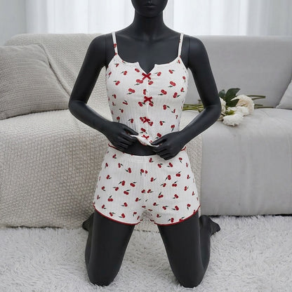 Women’s 2-Piece Ribbed Cami & Shorts Sleepwear Set – Printed Cami Top with Red Bows & Side Mesh Panel -5149