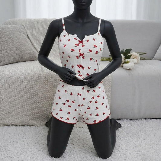 Women’s 2-Piece Ribbed Cami & Shorts Sleepwear Set – Printed Cami Top with Red Bows & Side Mesh Panel -5149
