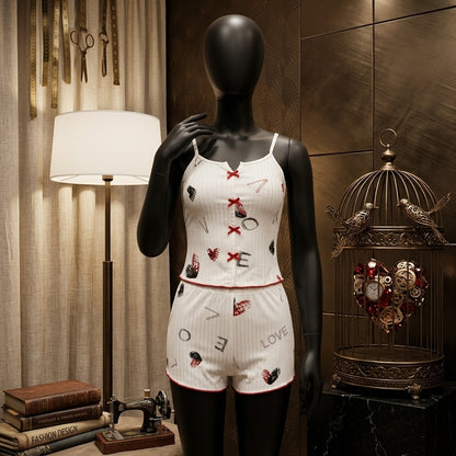 Women’s 2-Piece Ribbed Cami & Shorts Sleepwear Set – Printed Cami Top with Red Bows & Side Mesh Panel -5149