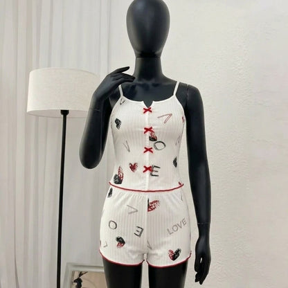 Women’s 2-Piece Ribbed Cami & Shorts Sleepwear Set – Printed Cami Top with Red Bows & Side Mesh Panel -5149