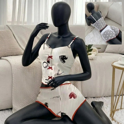 Women’s 2-Piece Ribbed Cami & Shorts Sleepwear Set – Printed Cami Top with Red Bows & Side Mesh Panel -5149