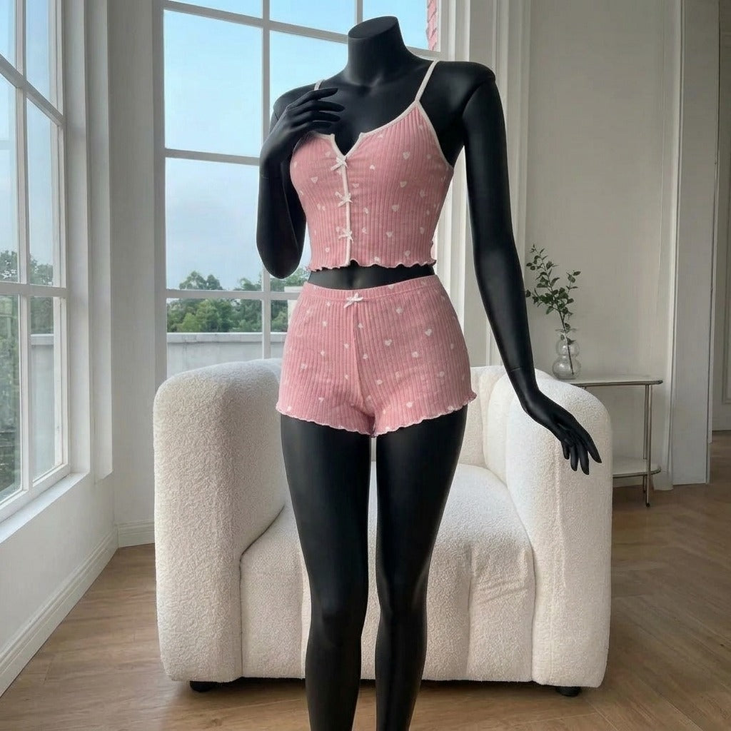 Heart Print Rib-Knit Pajama Set | Cami Top & Shorts -229