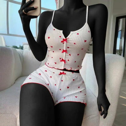 Heart Print Rib-Knit Pajama Set | Cami Top & Shorts -229