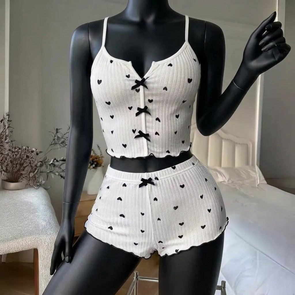 Heart Print Rib-Knit Pajama Set | Cami Top & Shorts -229