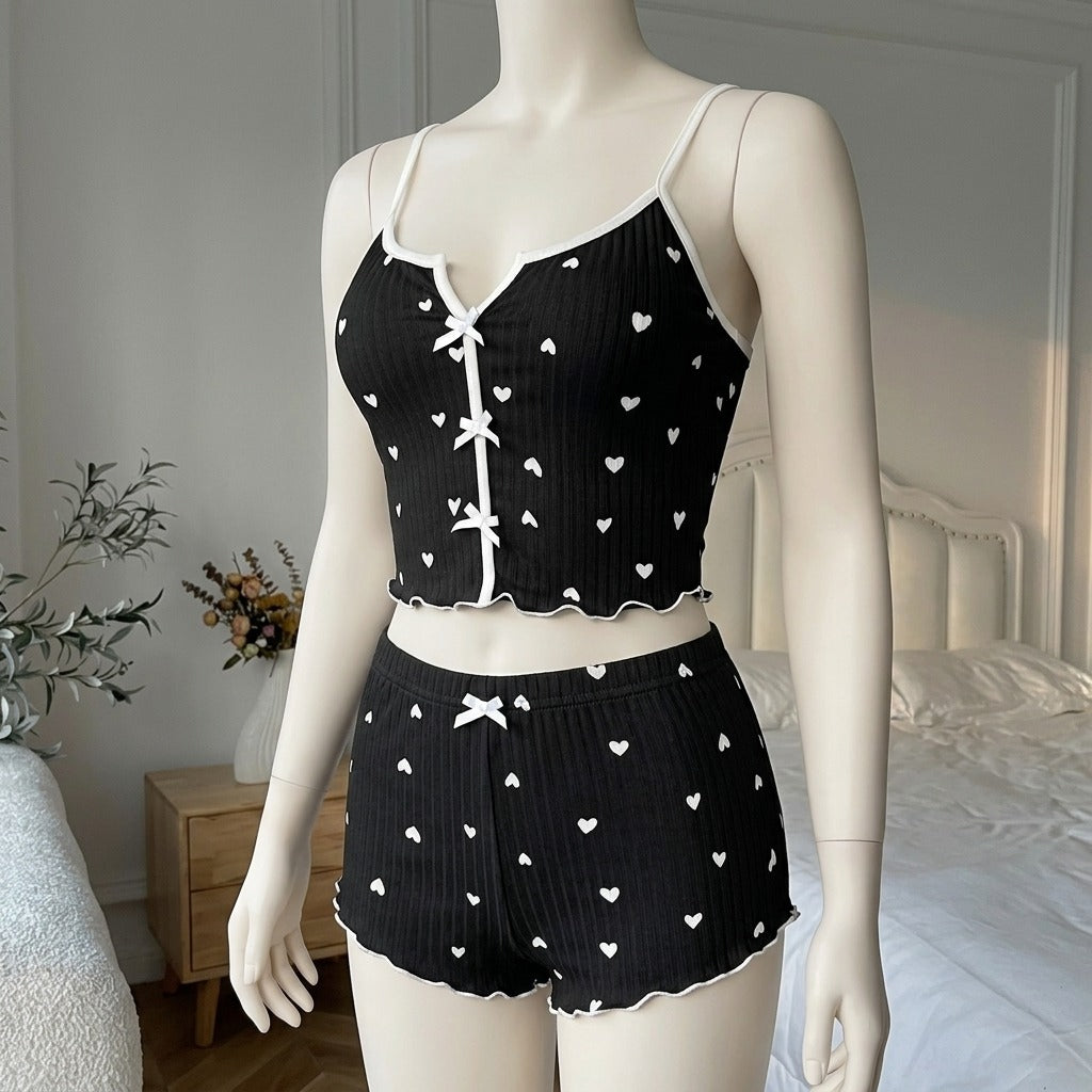 Heart Print Rib-Knit Pajama Set | Cami Top & Shorts -229