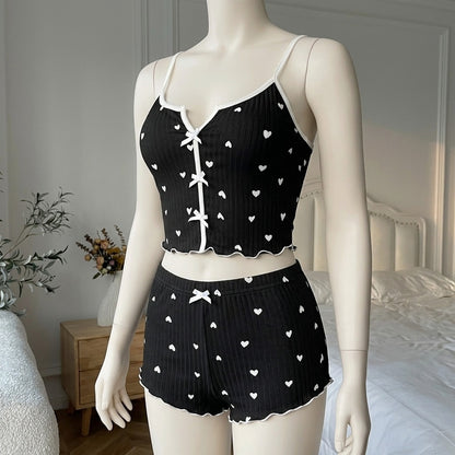 Heart Print Rib-Knit Pajama Set | Cami Top & Shorts -229