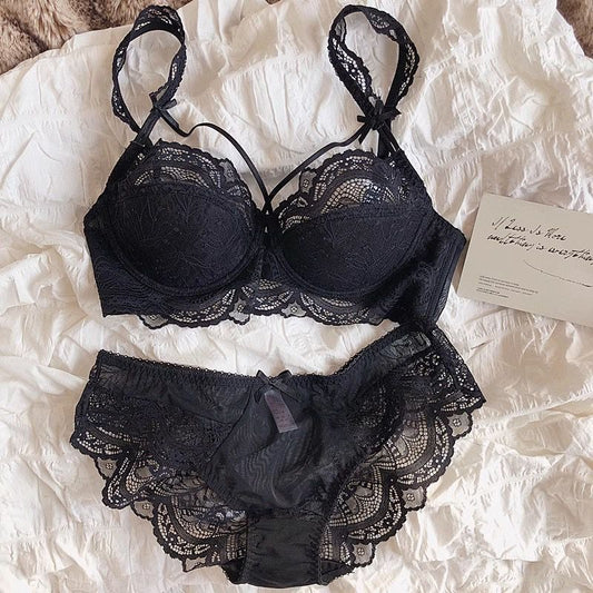 Flourish High Quality Thin Half Cup Lace Wired Half Cup Adjustable Straps Back Closure Bridal Light Padded Bra Panty Set