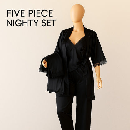 Flourish 5 pcs Non Padded Silk Satin Pajama Set Cami Top Nightgown Sexy Sleepwear Robe Sets Lace Nightdress