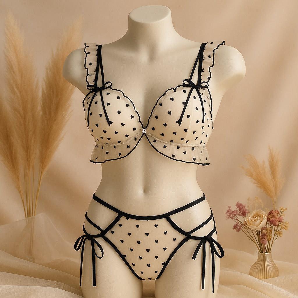 New High-Quality Black Heart Embroidered Push-Up Bra with Cute Lace Panty Set 2007
