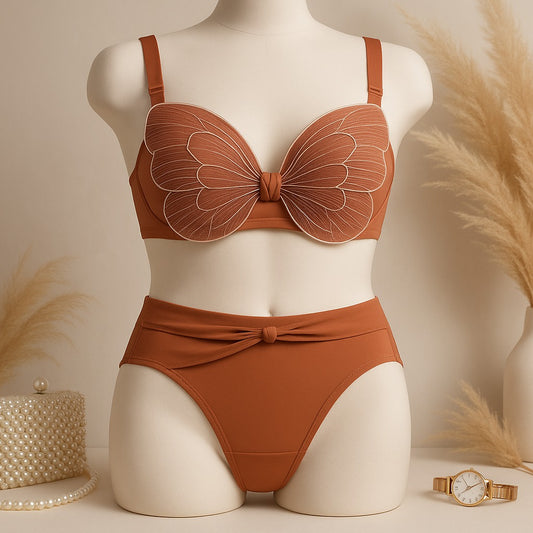 High Quality Cute Butterfly Embroidered Adjustable Straps Full Back Support Bra & Panty Set 8806