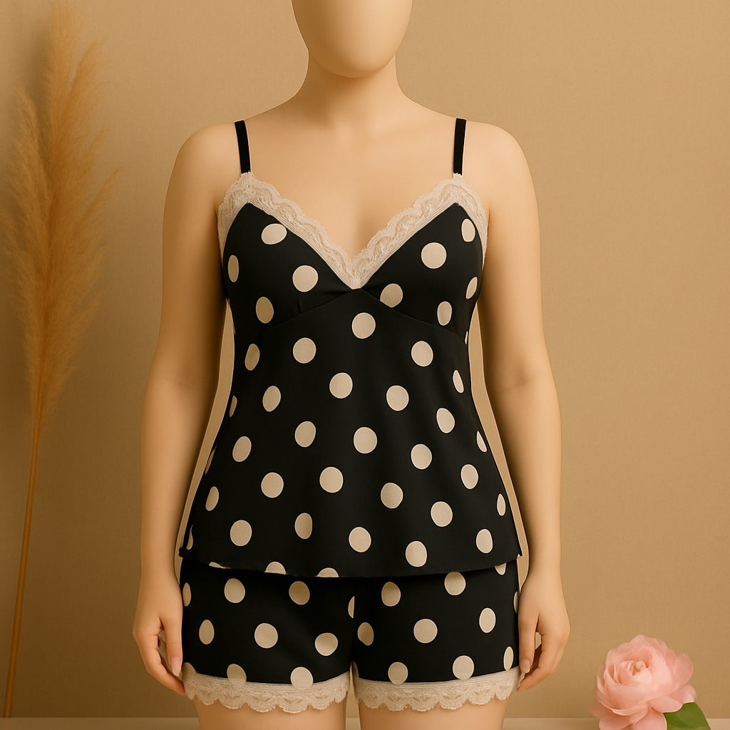Flourish Padded Silk Pajamas For Women Sexy Lingerie Lace Trim Camisole And Shorts Polka Dot Sleepwear Home Wear 816