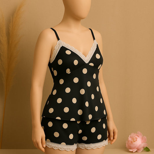 Flourish Padded Silk Pajamas For Women Sexy Lingerie Lace Trim Camisole And Shorts Polka Dot Sleepwear Home Wear 816