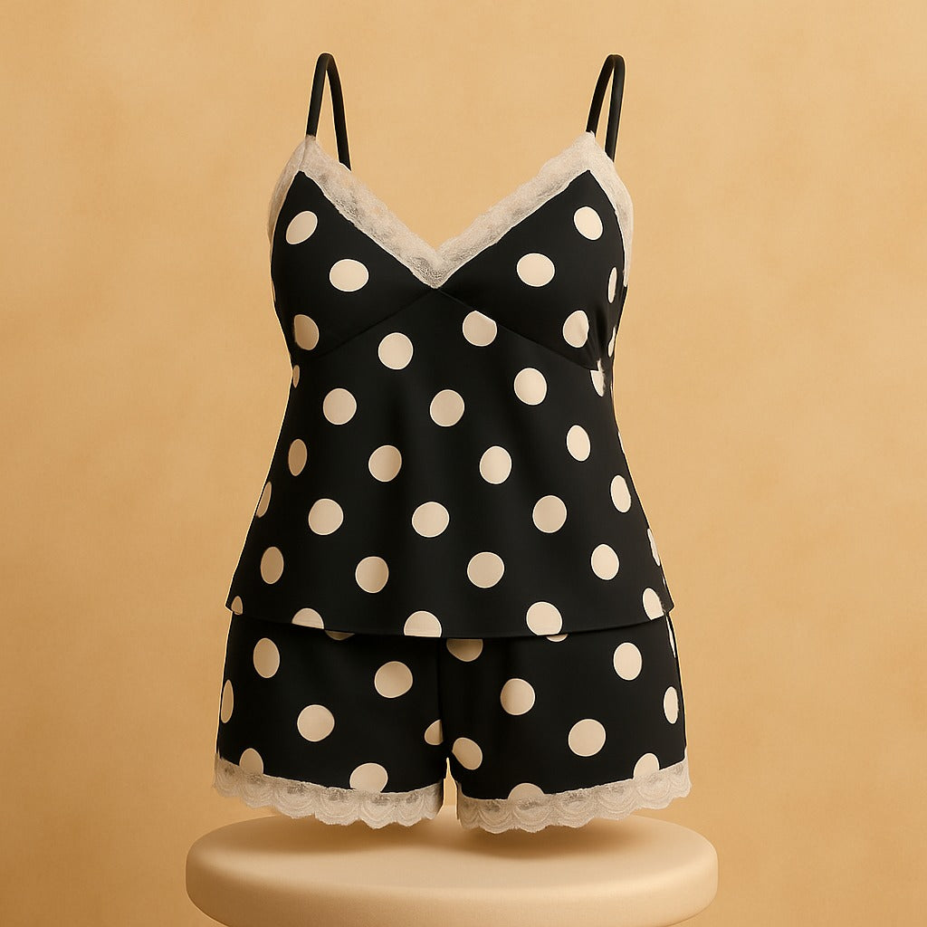 Flourish Padded Silk Pajamas For Women Sexy Lingerie Lace Trim Camisole And Shorts Polka Dot Sleepwear Home Wear 816