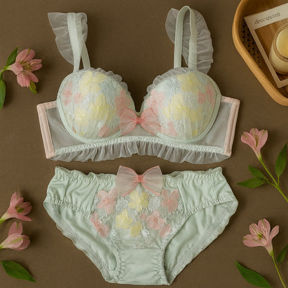 Flourish Pastel Pink Floral Embroidered Bra & Panty Set | Delicate Ruffle & Bow Design 022