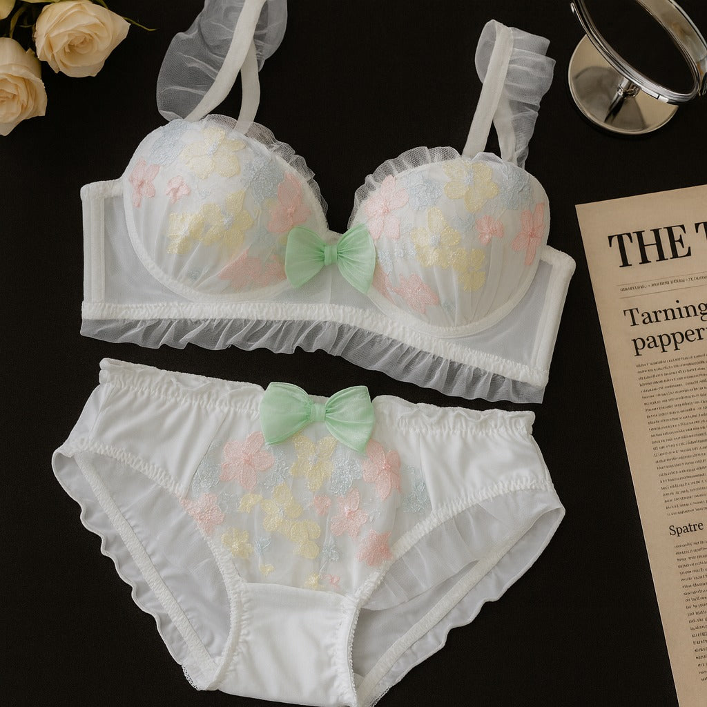 Flourish Pastel Pink Floral Embroidered Bra & Panty Set | Delicate Ruffle & Bow Design 022