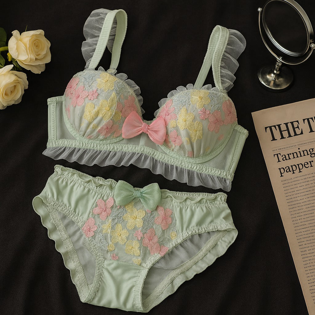 Flourish Pastel Pink Floral Embroidered Bra & Panty Set | Delicate Ruffle & Bow Design 022