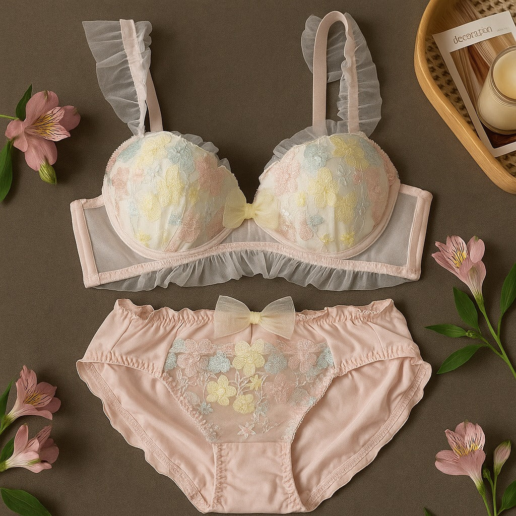 Flourish Pastel Pink Floral Embroidered Bra & Panty Set | Delicate Ruffle & Bow Design 022