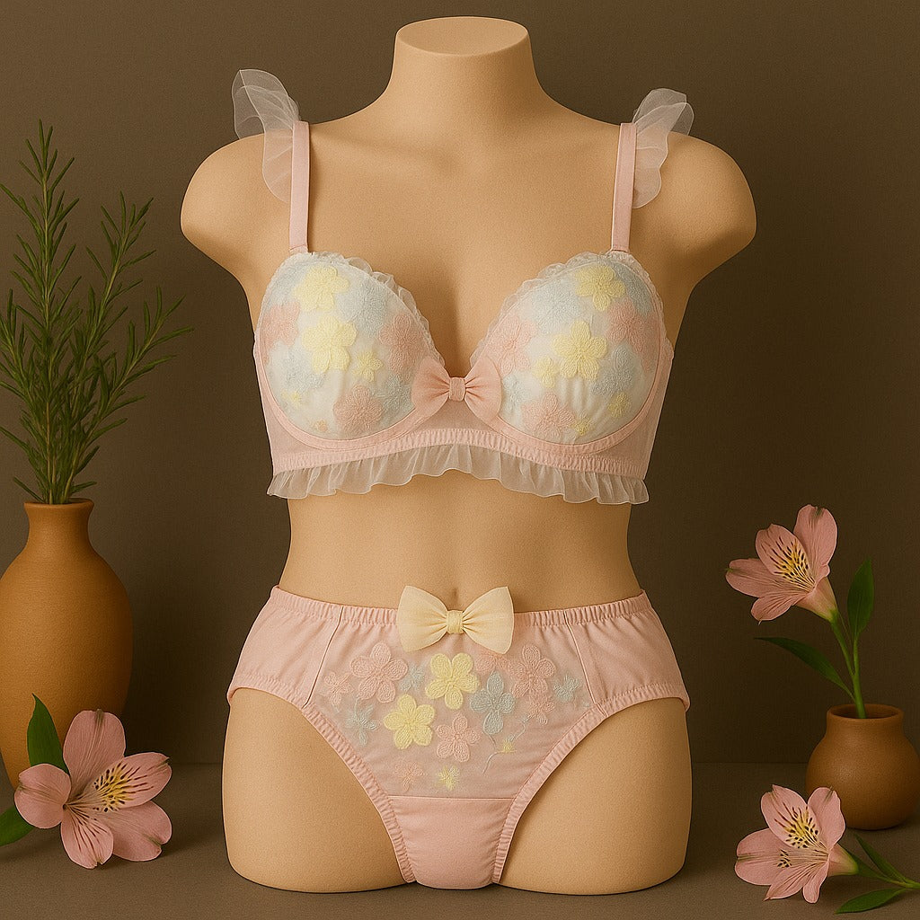 Flourish Pastel Pink Floral Embroidered Bra & Panty Set | Delicate Ruffle & Bow Design 022