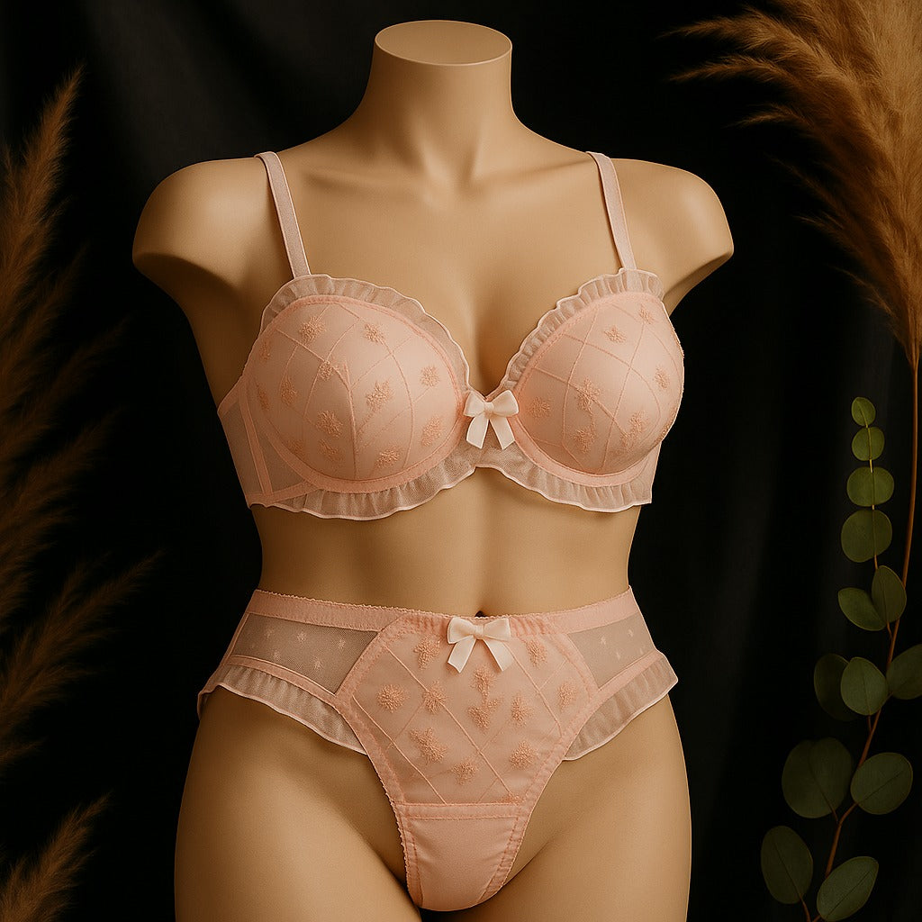 New High Quality Cute Lace Flower Adjustable Straps Push Up Bridal Padded Bra And Panty Set 168 Flower