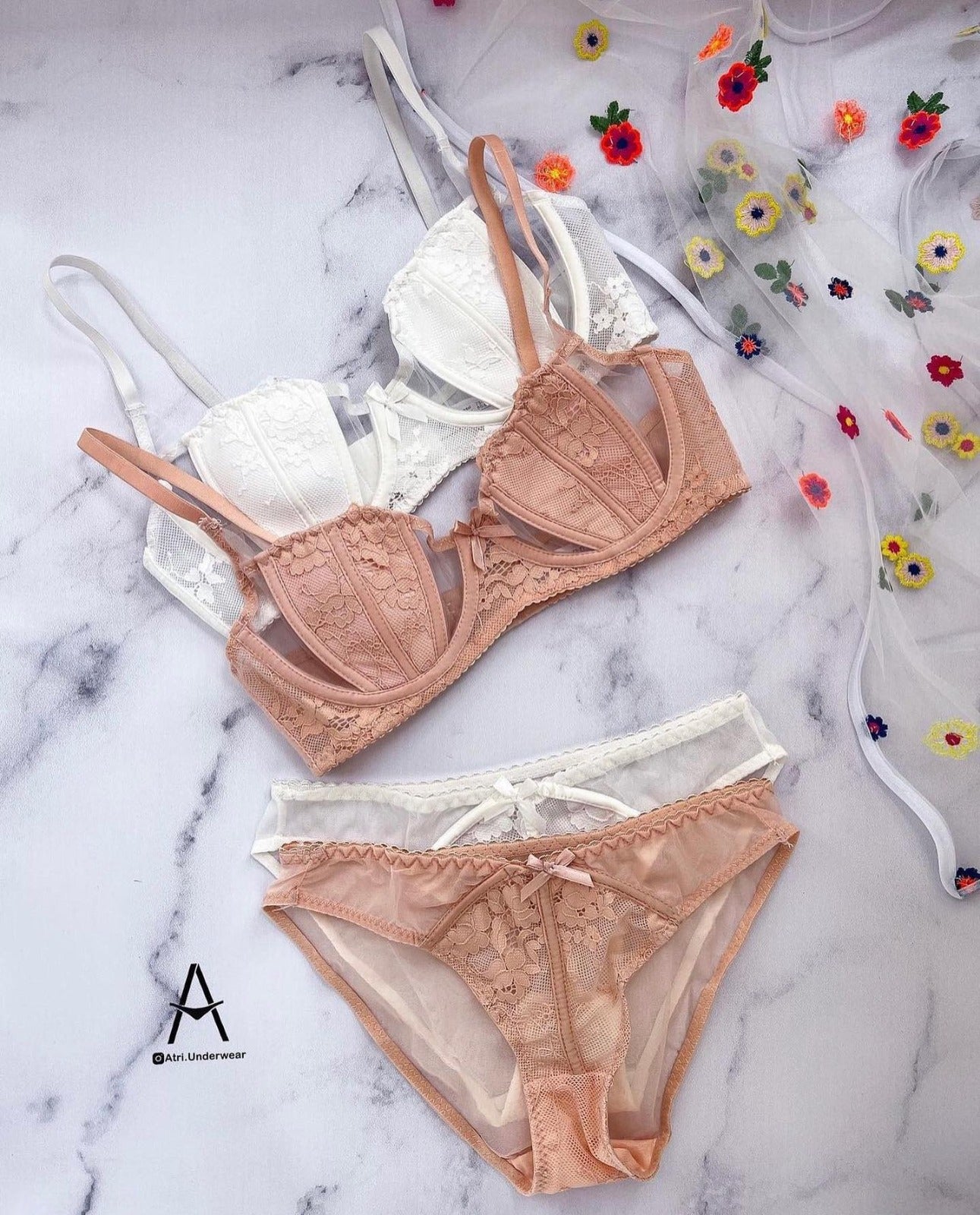 Flourish Sexy Half Cup Floral Light Padded Bra and Panty Set 000
