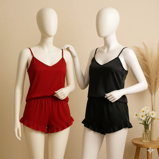 Flourish 2 pcs silk Cami Sets Charming Style Short Non Padded Inner and Short Nighty 2409
