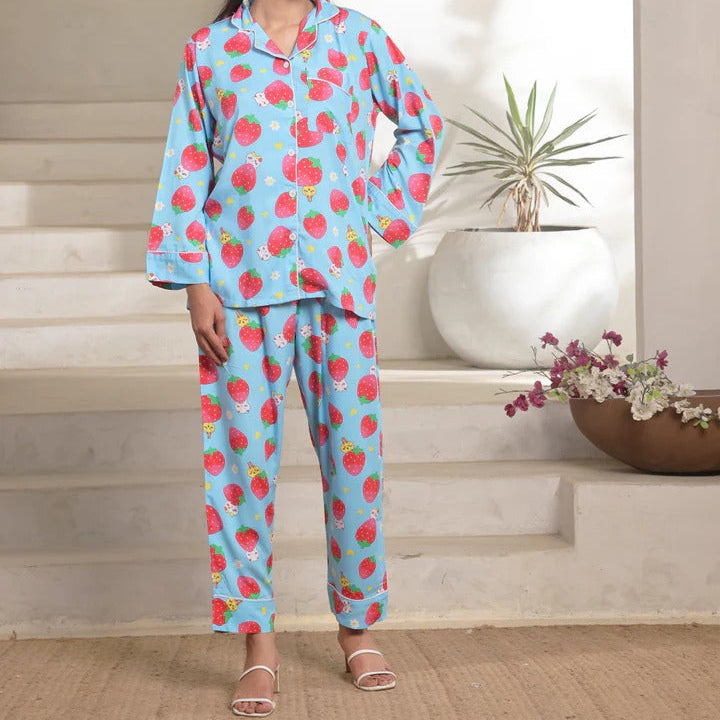 Flourish Women’s Full Sleeve Strawberry Print Pajama Set – Soft & Cozy Nightwear Strawberry Dream